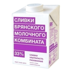Сливки питьевые ультрапаст., жир. 33%, 500г, 1/12,  тетрапак, Брянский МК, Россия