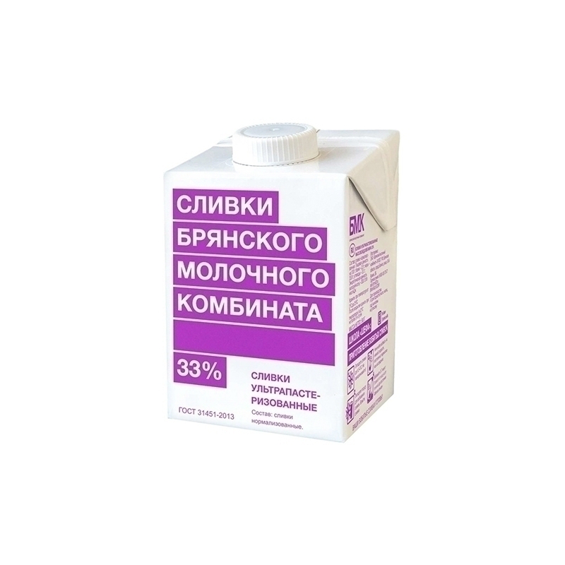 Сливки питьевые ультрапаст., жир. 33%, 500г, 1/12,  тетрапак, Брянский МК, Россия