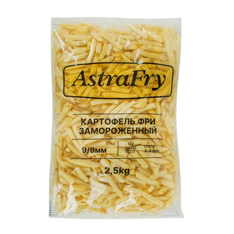 Картофель фри обжаренный, б/м, 9*9мм 2,5кг, 1/4, п/э пакет, ASTRAFRY, Россия