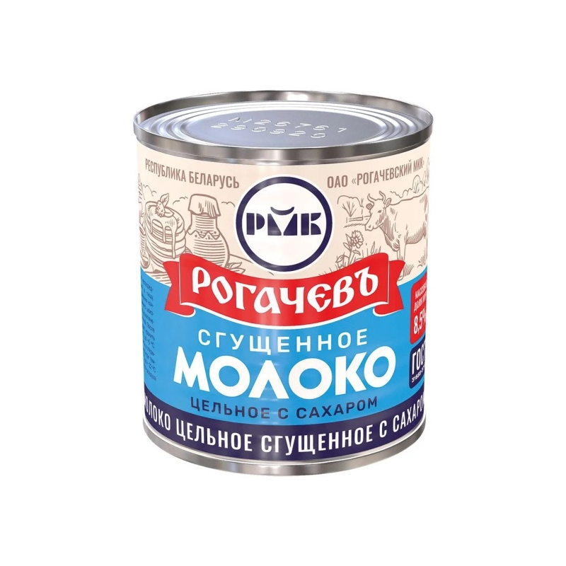 Молоко цельное сгущенное с сахаром, жир. 8,5%, 380г, 1/30, ж/б, Рогачевъ, Беларусь