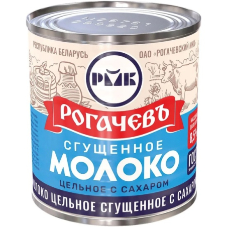 Молоко цельное сгущенное с сахаром, жир. 8,5%, 380г, 1/30, ж/б, Рогачевъ, Беларусь
