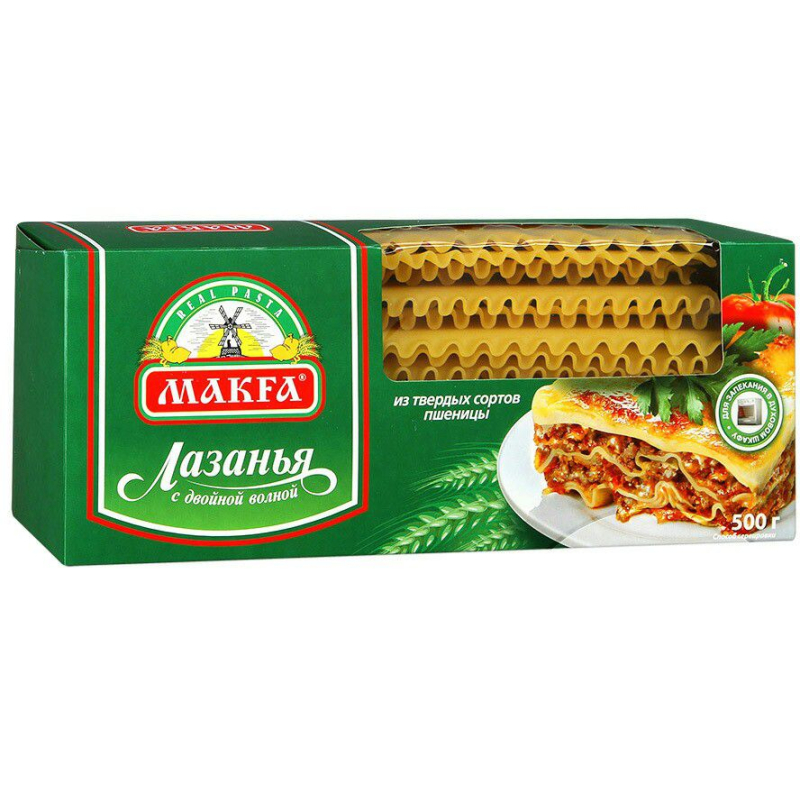Изделия макаронные длинные ЛАЗАНЬЯ с дв. волной, высший сорт, 500г, 1/12, пакет, MAKFA, Россия