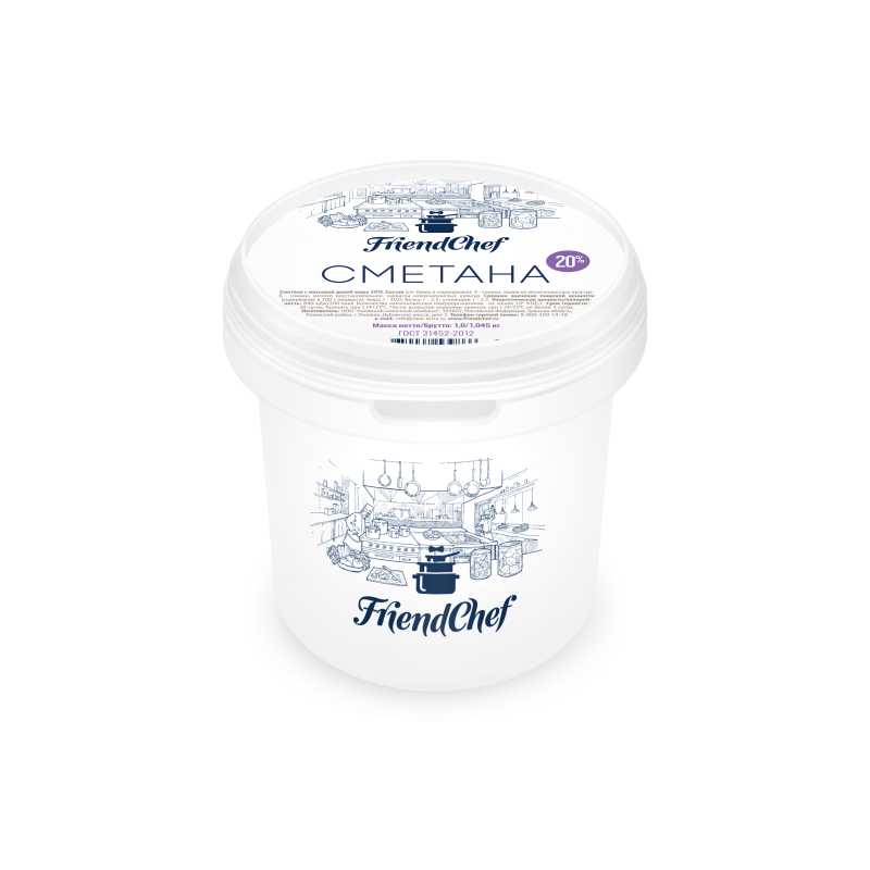 Сметана ГОСТ, жир. 20%, 3кг, пл/ведро, FriendChef, Россия