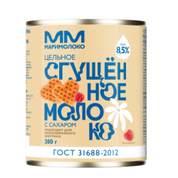 Молоко цельное сгущенное с сахаром, жир. 8,5%, 380г, ж/б, МариМолоко, Россия