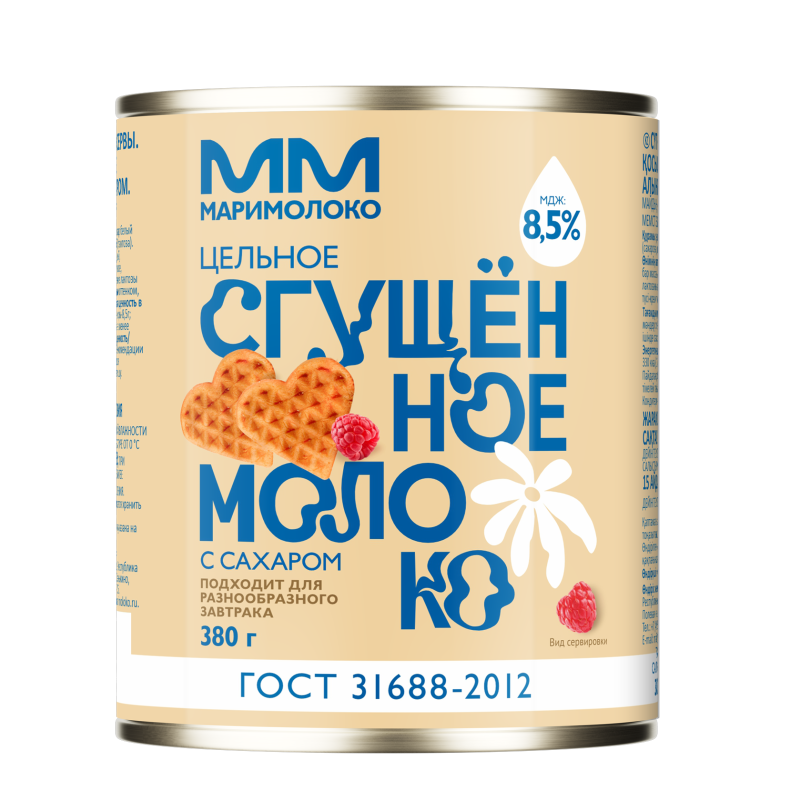 Молоко цельное сгущенное с сахаром, жир. 8,5%, 380г, ж/б, МариМолоко, Россия