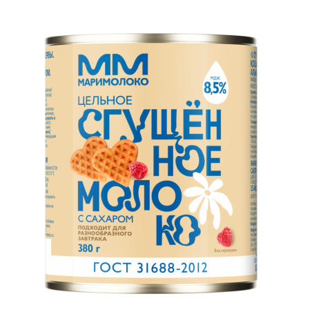 Молоко цельное сгущенное с сахаром, жир. 8,5%, 380г, ж/б, МариМолоко, Россия