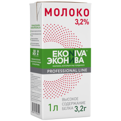 Молоко питьевое ультрапастеризованное, жир. 3,2%, 1л, тетрапак, ЭкоНива, Россия