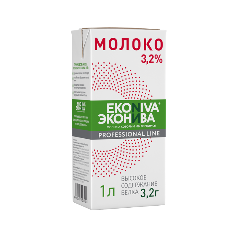 Молоко питьевое ультрапастеризованное, жир. 3,2%, 1л, тетрапак, ЭкоНива, Россия
