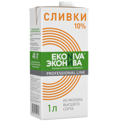 Сливки питьевые ультрапастеризованные, жир. 10%, 1л, тетрапак с крышкой, ЭКОНИВА, Россия