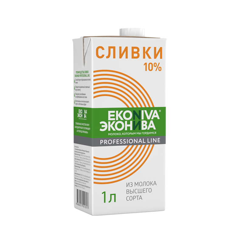 Сливки питьевые ультрапастеризованные, жир. 10%, 1л, тетрапак с крышкой, ЭКОНИВА, Россия