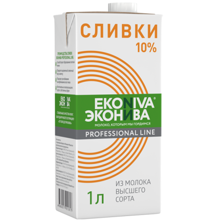 Сливки питьевые ультрапастеризованные, жир. 10%, 1л, тетрапак с крышкой, ЭКОНИВА, Россия