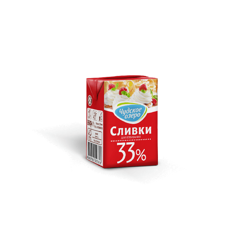 Крем сливочный ультрап. Сливки для взбивания, жир. 33%, 200мл, 1/18, тетрапак, Чудское озеро, Россия