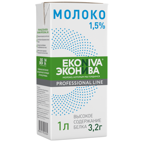 Молоко питьевое ультрапастеризованное, жир. 1,5%, 1л, тетрапак, ЭкоНива, Россия