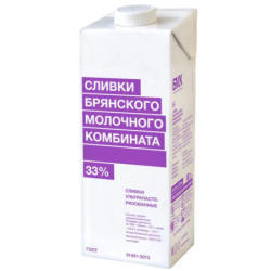 Сливки питьевые ультрапаст., жир. 33%, 1л, 1/12,  тетрапак, Брянский МК, Россия