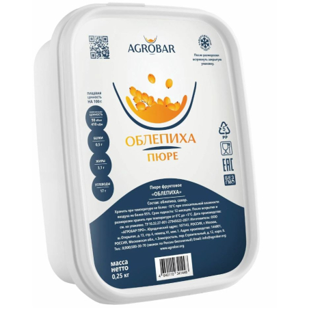 Пюре фруктовое ОБЛЕПИХА зам., 250г, 1/12, пл/контейнер, Agrobar, Россия