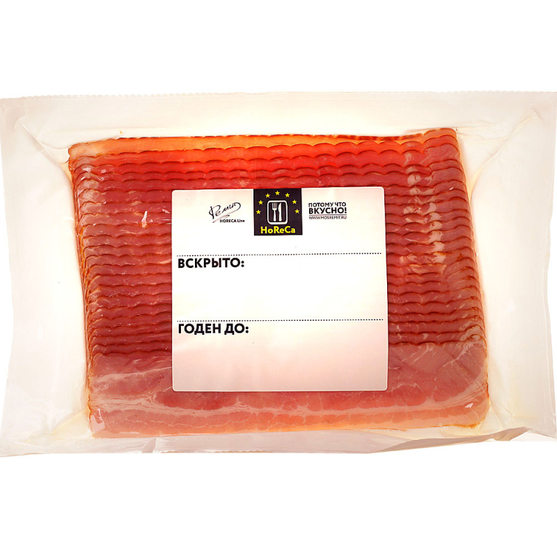 Бекон в/к (мясной продукт из свинины, кат. B), зам., нарезка, 500г, 1/10, в/у, РЕМИТ, Россия